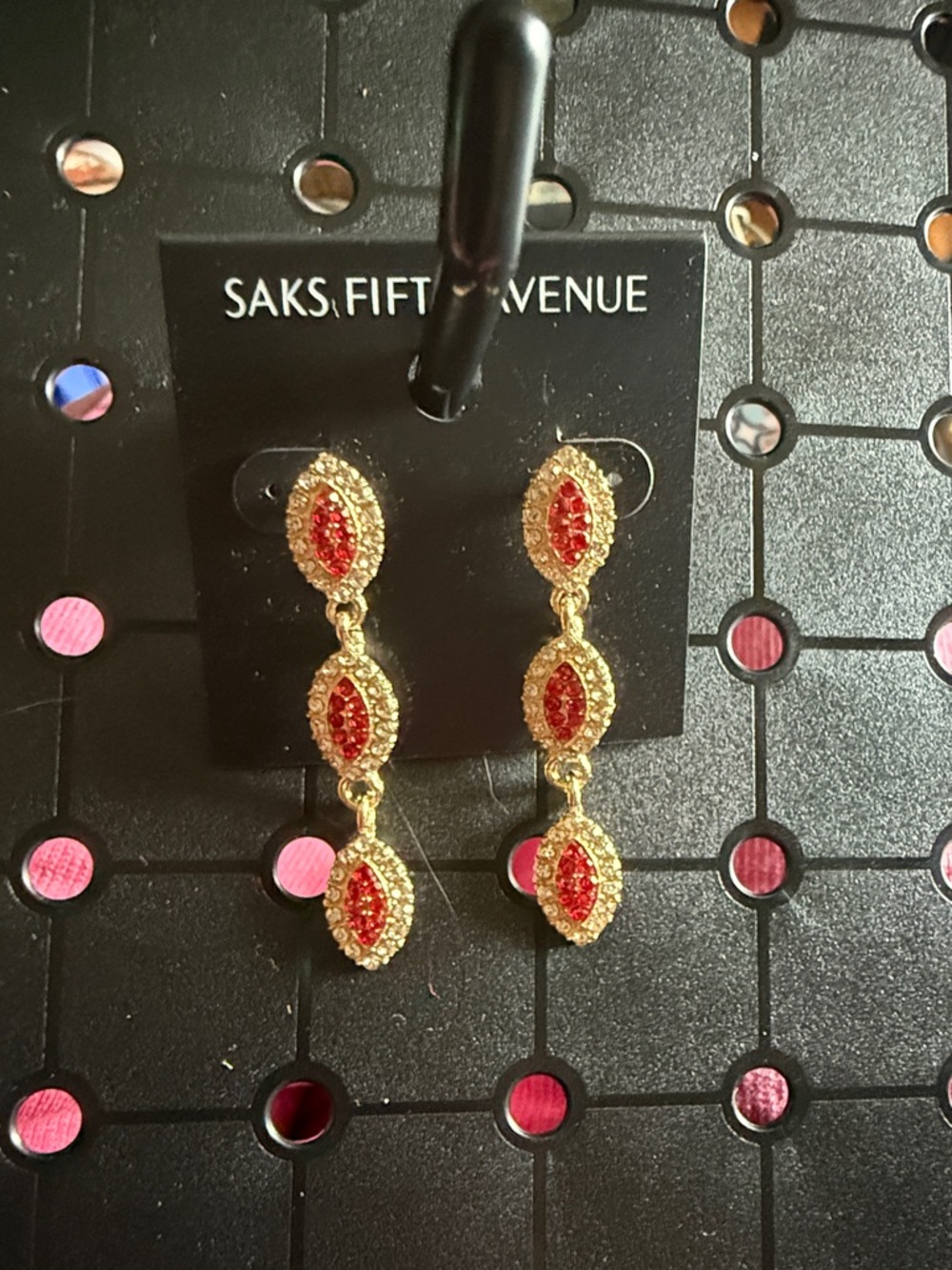 Saks Fifth Avenue Gold-Tone Earrings Red Crystal Drops quite luxury regency rich